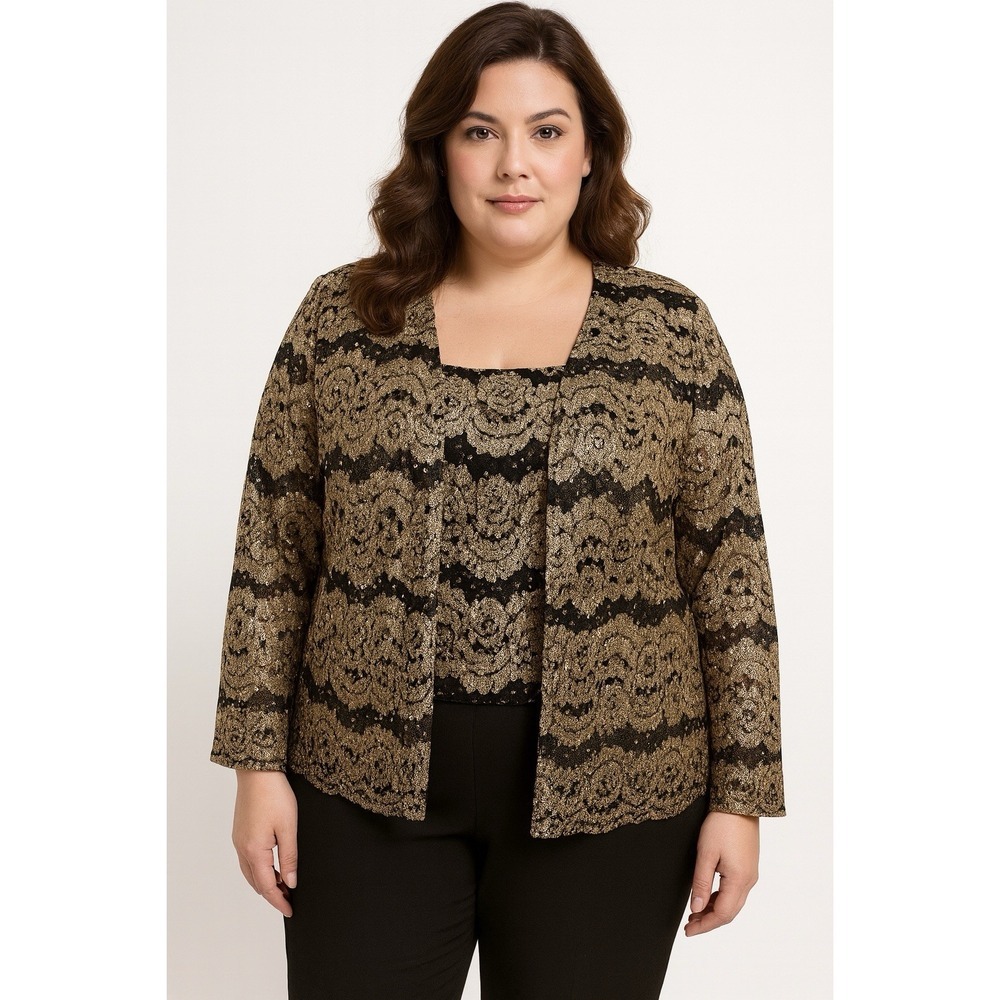 Dressbarn Woman 18W Gold Black Sequin‎ Lace Cardigan Tank Twinset Glam Holiday